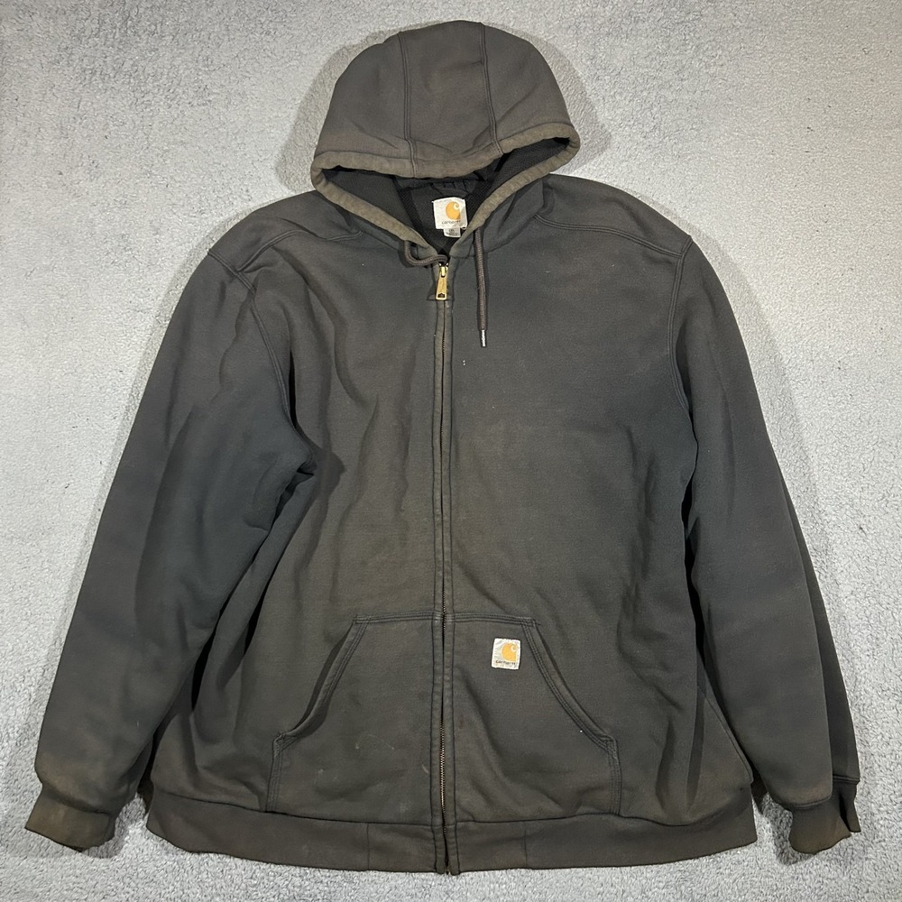 Carhartt Vintage Black Full Zip Hoodie 2XL Tall Heavy Thermal Lined Faded 100632